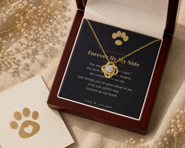Gold Love Knot pet memorial necklace with keepsake card, styled with dried flowers