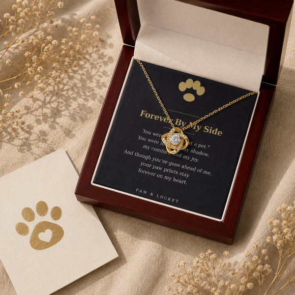 Gold Love Knot pet memorial necklace with keepsake card, styled with dried flowers