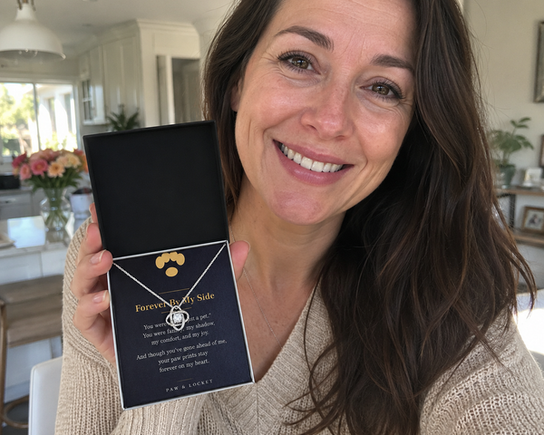 Happy customer holding the silver Love Knot pet memorial necklace gift box