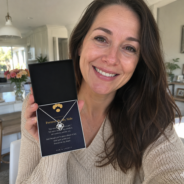 Happy customer holding the silver Love Knot pet memorial necklace gift box