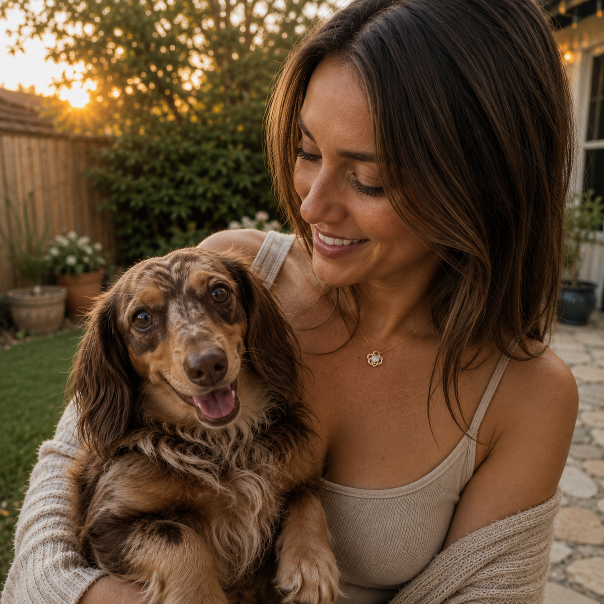 Woman wearing the gold Love Knot pet memorial necklace beside her dog