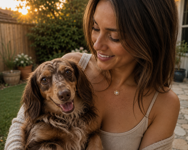 Woman wearing the gold Love Knot pet memorial necklace beside her dog