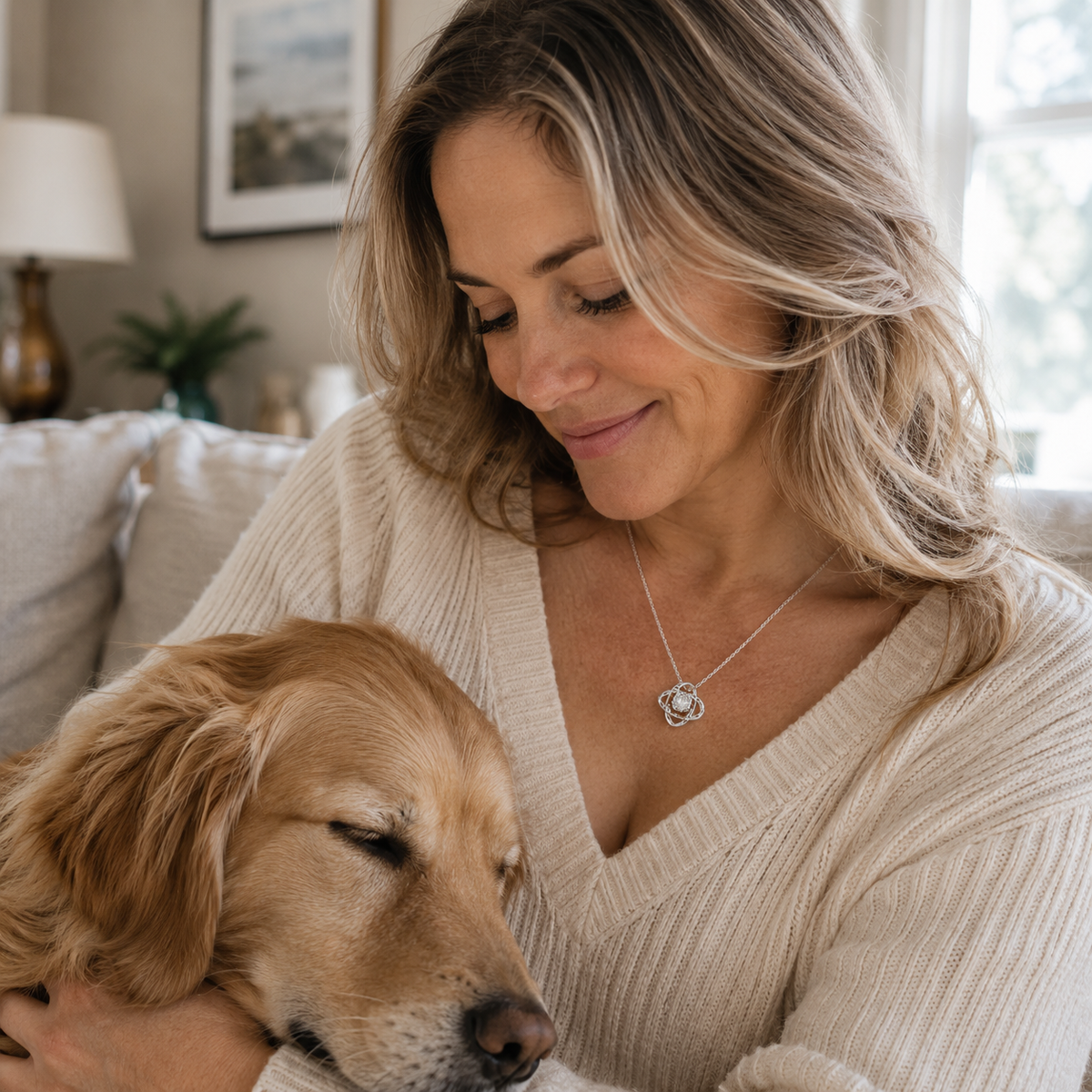 Woman wearing the silver Love Knot pet memorial necklace beside her dog