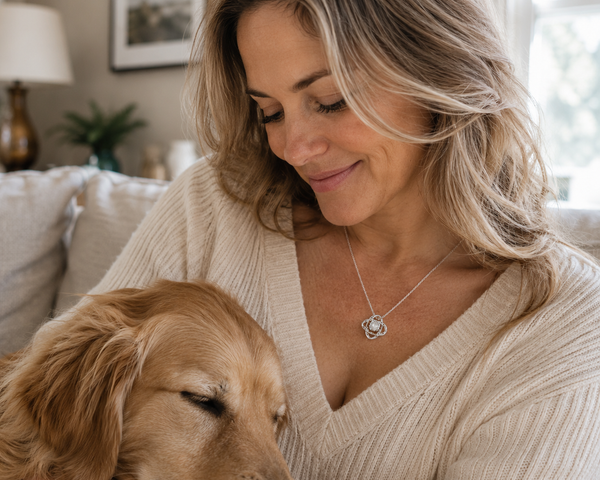 Woman wearing the silver Love Knot pet memorial necklace beside her dog